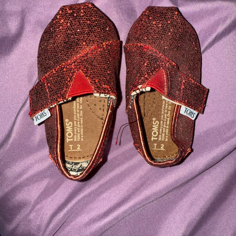 Toms Red Moccasin Shoes with Festive Sparkle